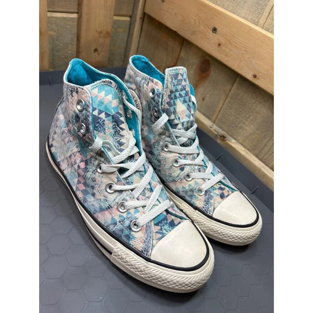 Converse Womens All Star High Top Sneakers Size 7 Geometric Print Blue & White - Picture 2 of 8